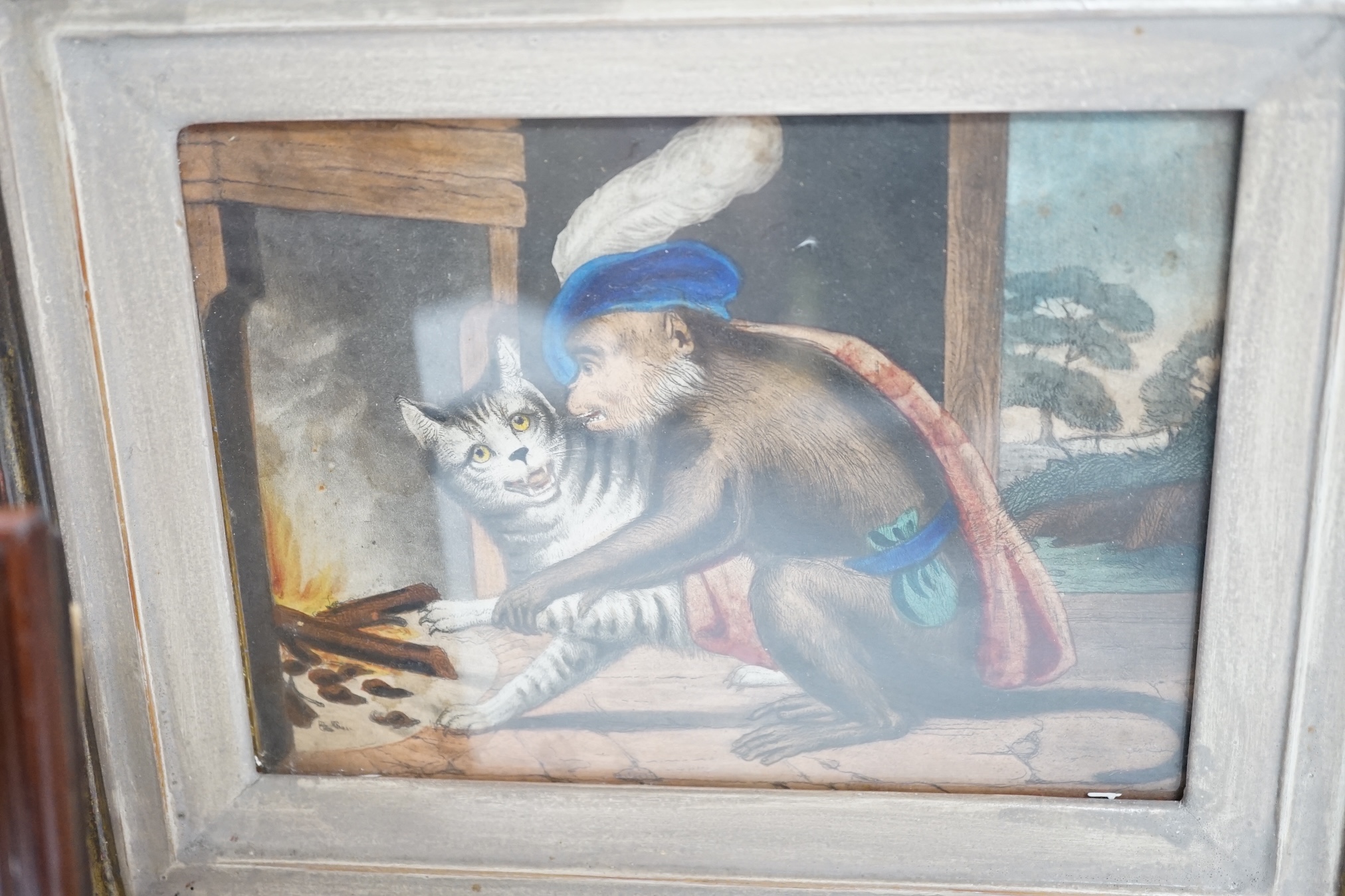 From the Studio of Fred Cuming. Two 19th century colour prints, Monkey and Chinese drummer, largest 11 x 15cm. Condition - fair